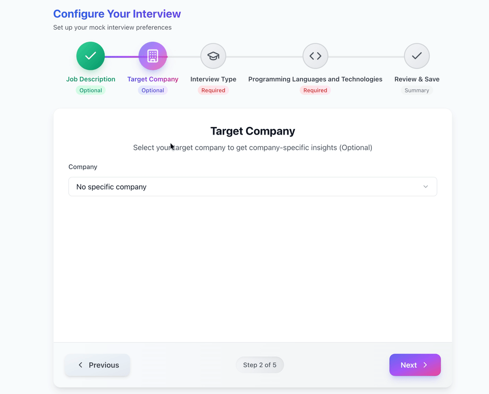 Prepare for the exact interview you'll face - Choose from Google, Amazon, Meta, Infosys, IBM, TCS and 50+ target companies. Each mode adapts quest