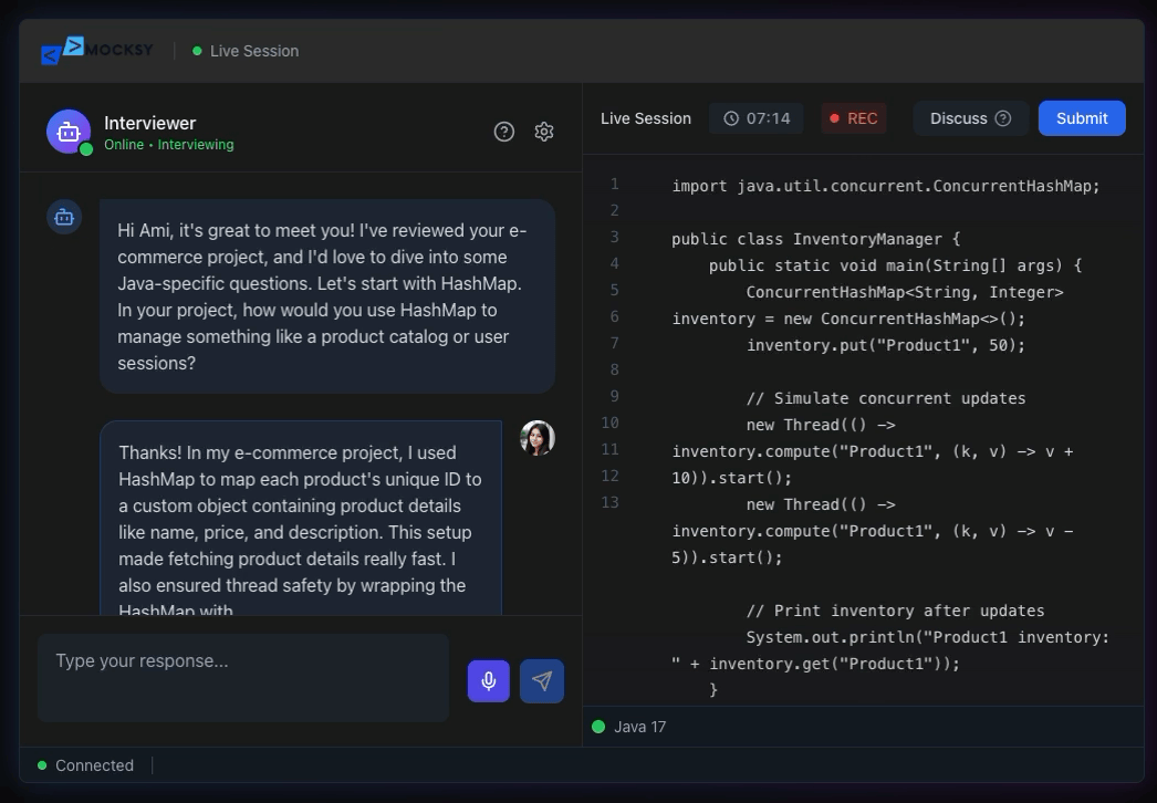 Mocksy AI interview interface showing real-time mock interview session with AI interviewer, coding editor, and instant feedback
